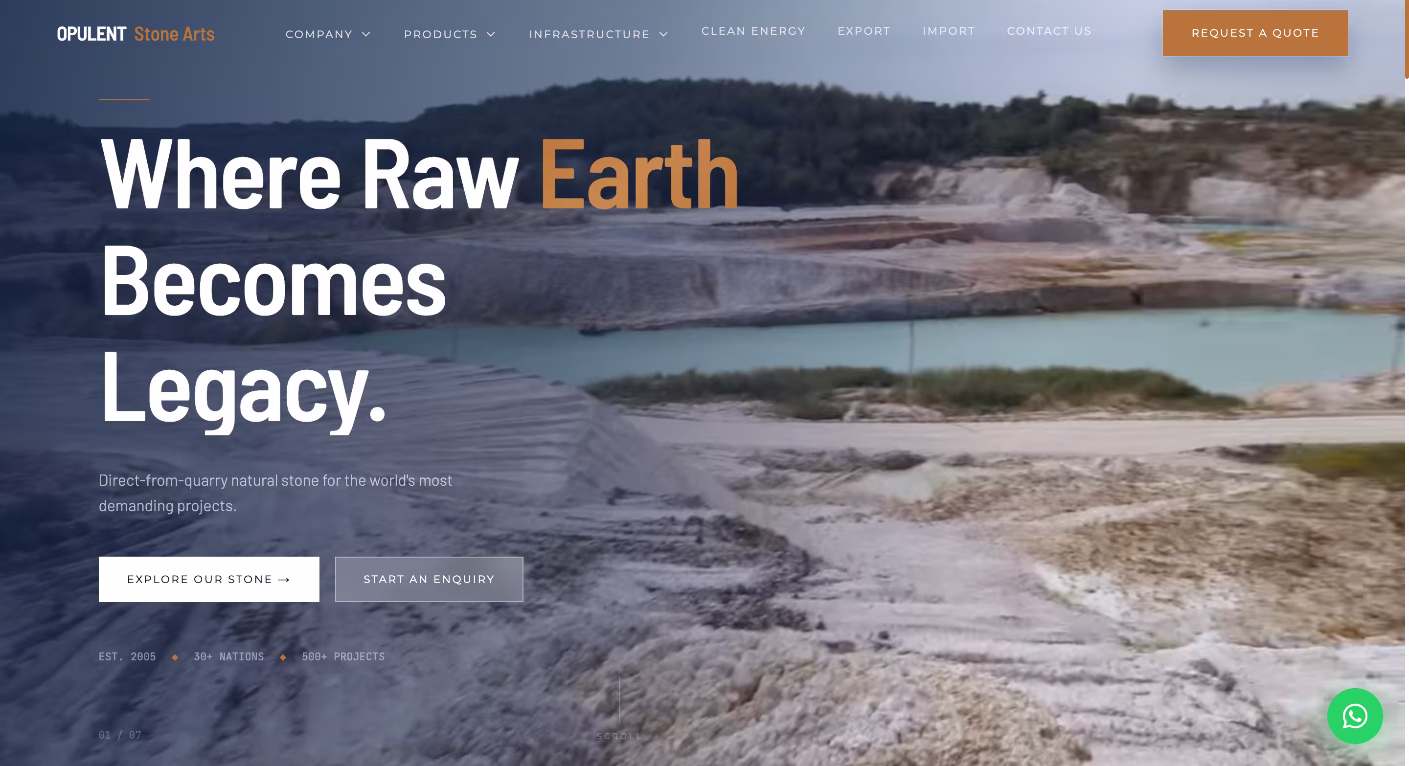 Opulent Stone Arts exporter website on a laptop, showing quarry imagery and an enquiry button