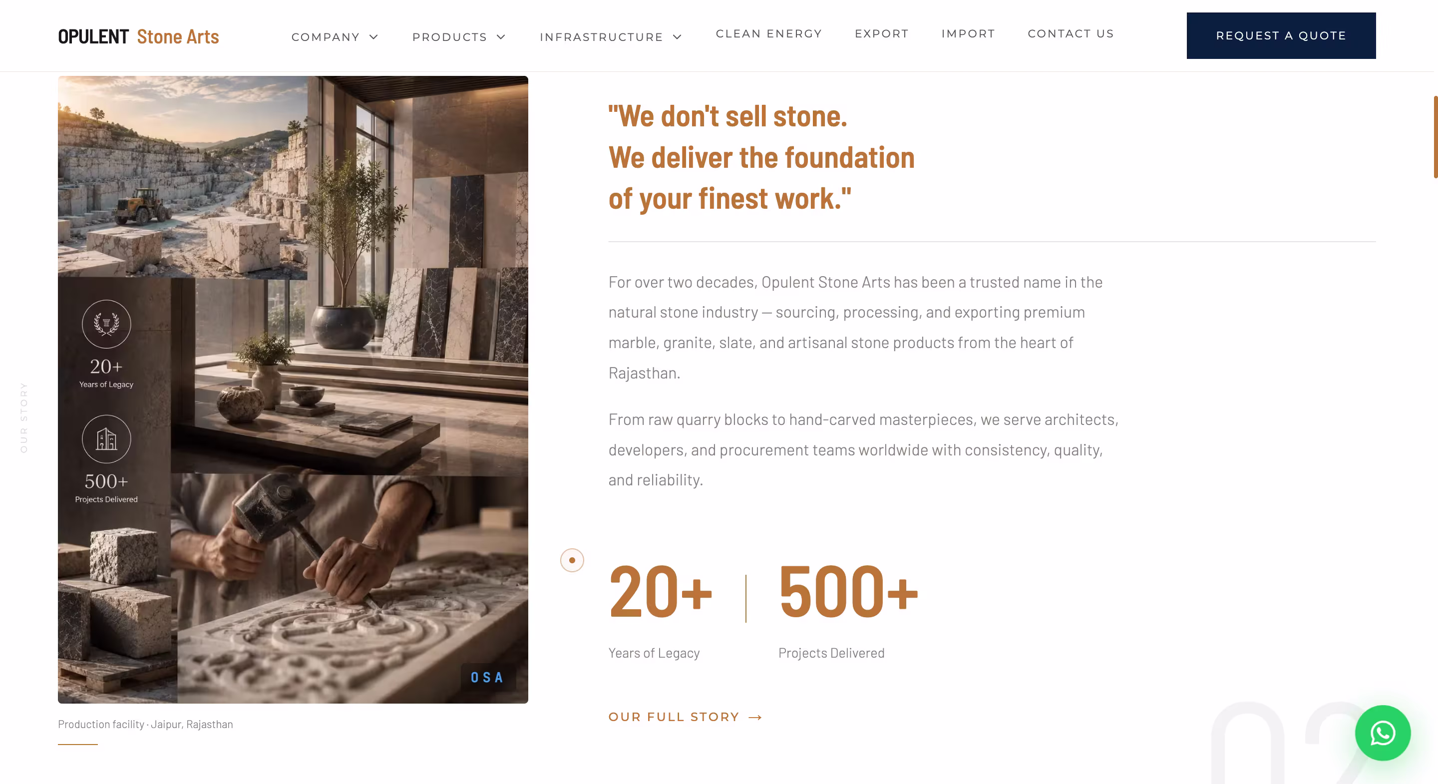 Opulent Stone Arts quarry homepage with product exploration and enquiry actions