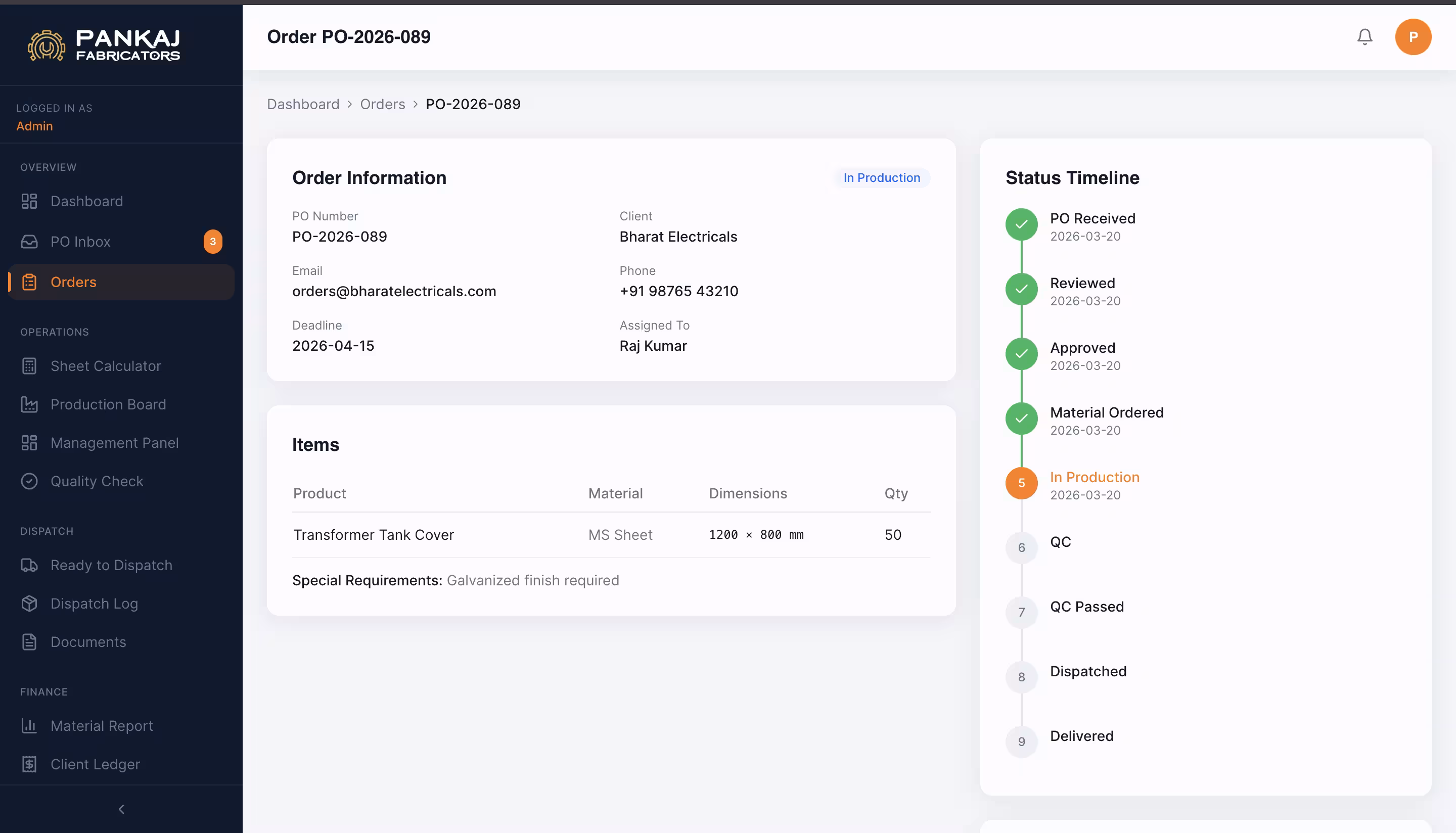 Live order status panel