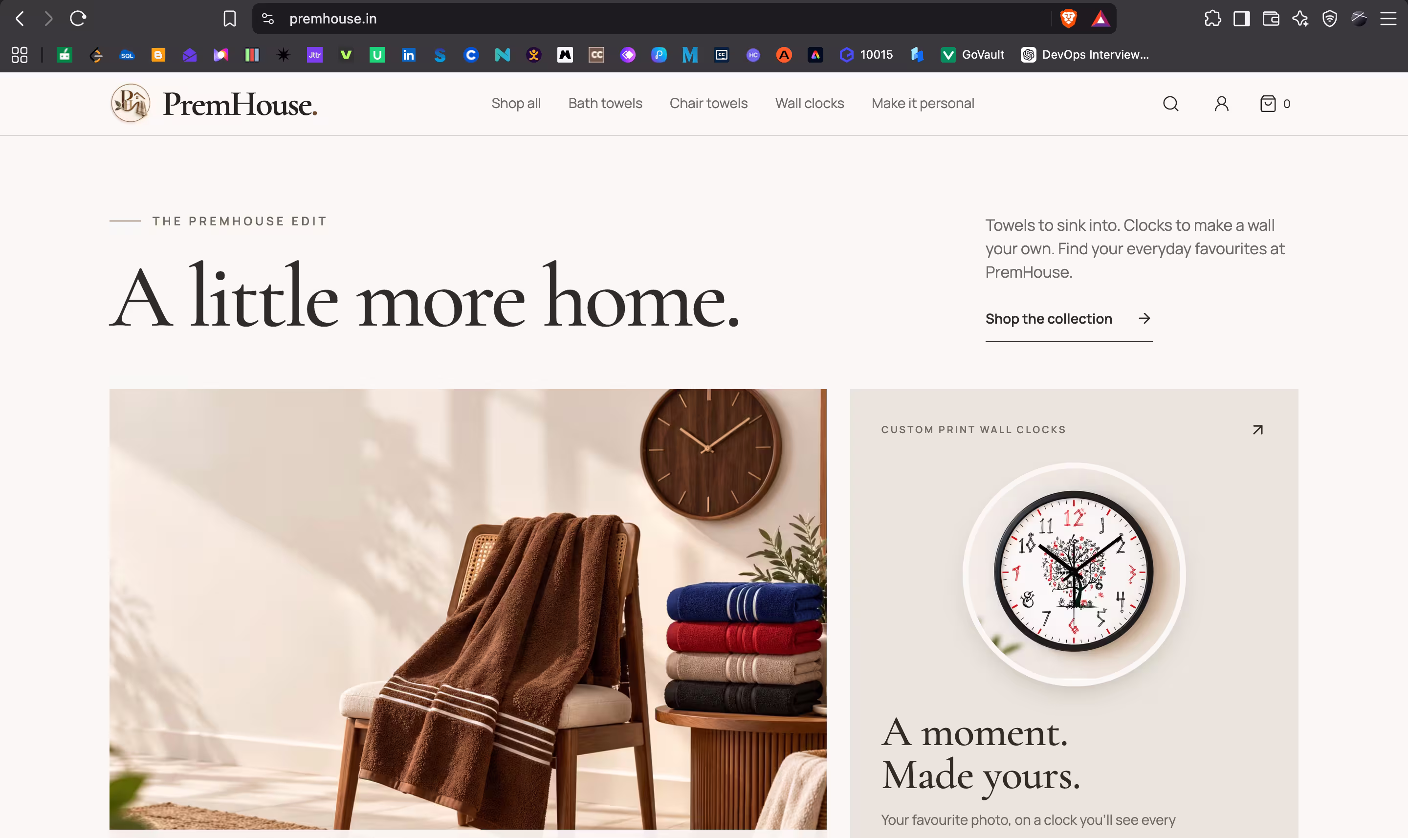 PremHouse storefront with bath towel and custom clock collection links