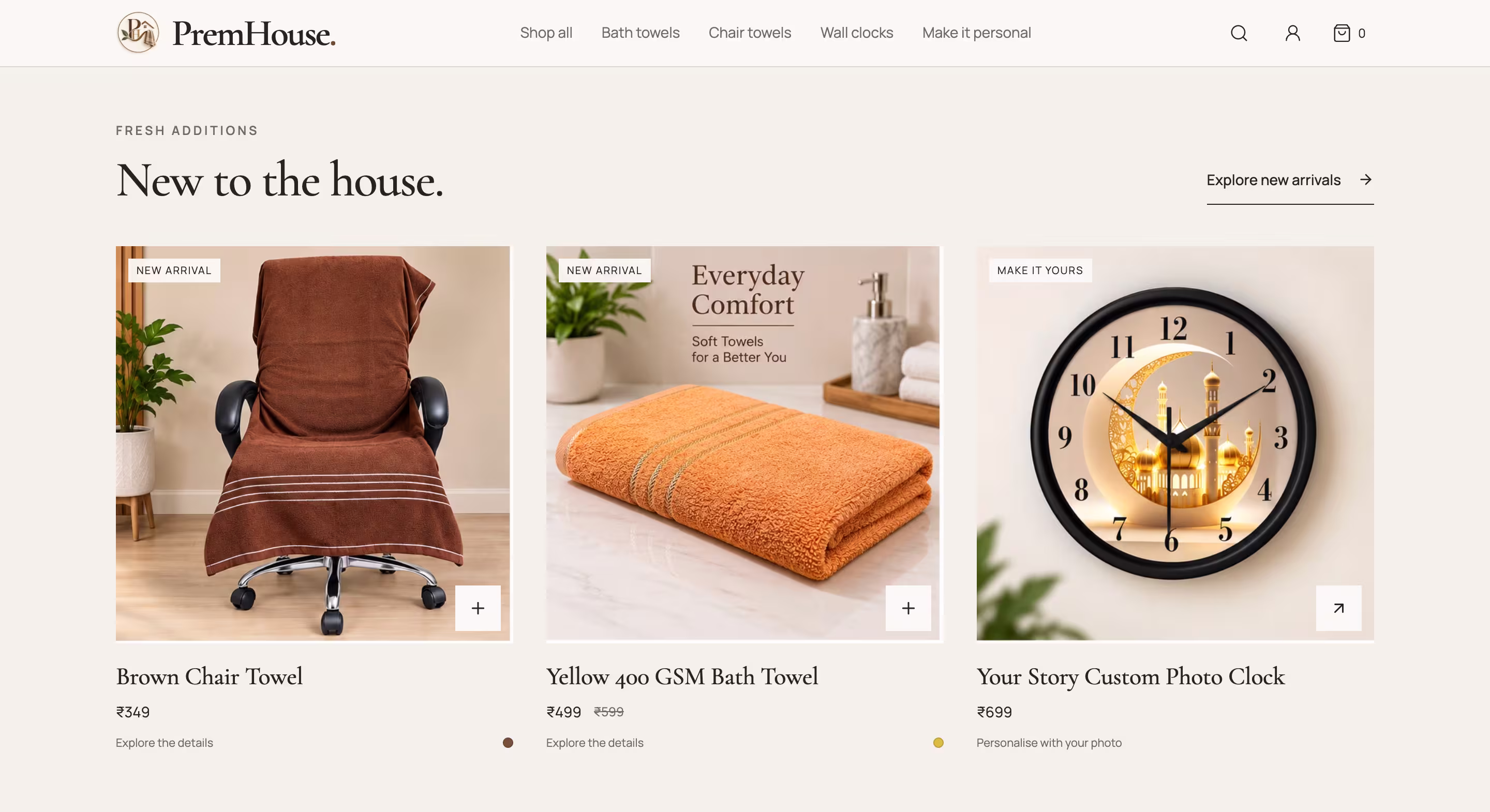 PremHouse new arrivals showing chair towels, bath towels and custom photo clocks with prices and shopping controls